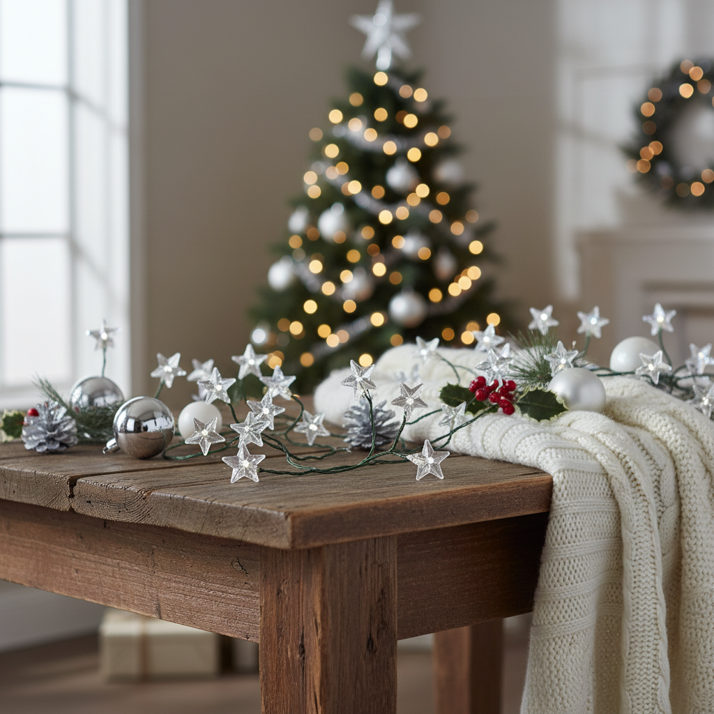 A string of white star-shaped LED Christmas lights placed on a surface with a blurred Christmas tree and decorations in the background.