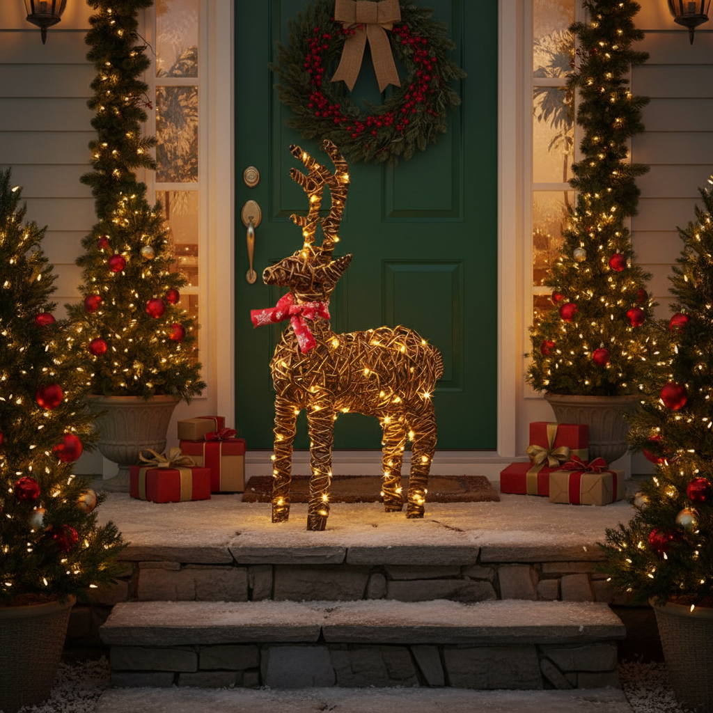 A 70cm tall wicker reindeer decoration with a red bow and warm white LED lights, intended for Christmas display.