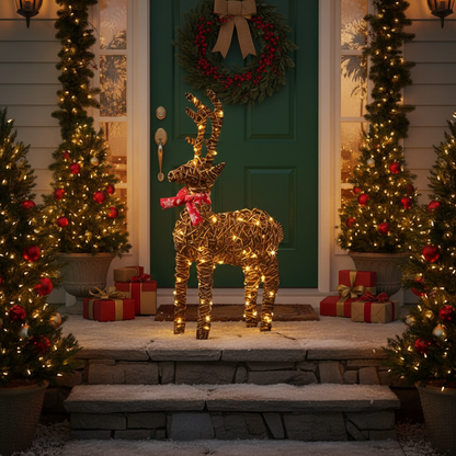 A 70cm tall wicker reindeer decoration with a red bow and warm white LED lights, intended for Christmas display.