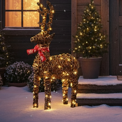 A 70cm tall wicker reindeer decoration with a red bow and warm white LED lights, intended for Christmas display.