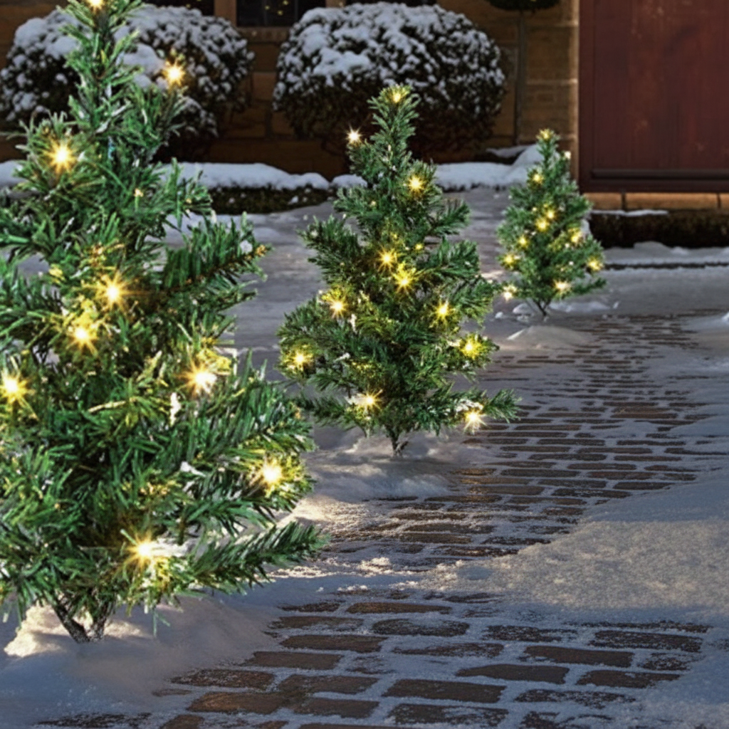 A set of six mini Christmas trees with warm white LED lights placed in the snow, creating a festive atmosphere on a dark snowy path.