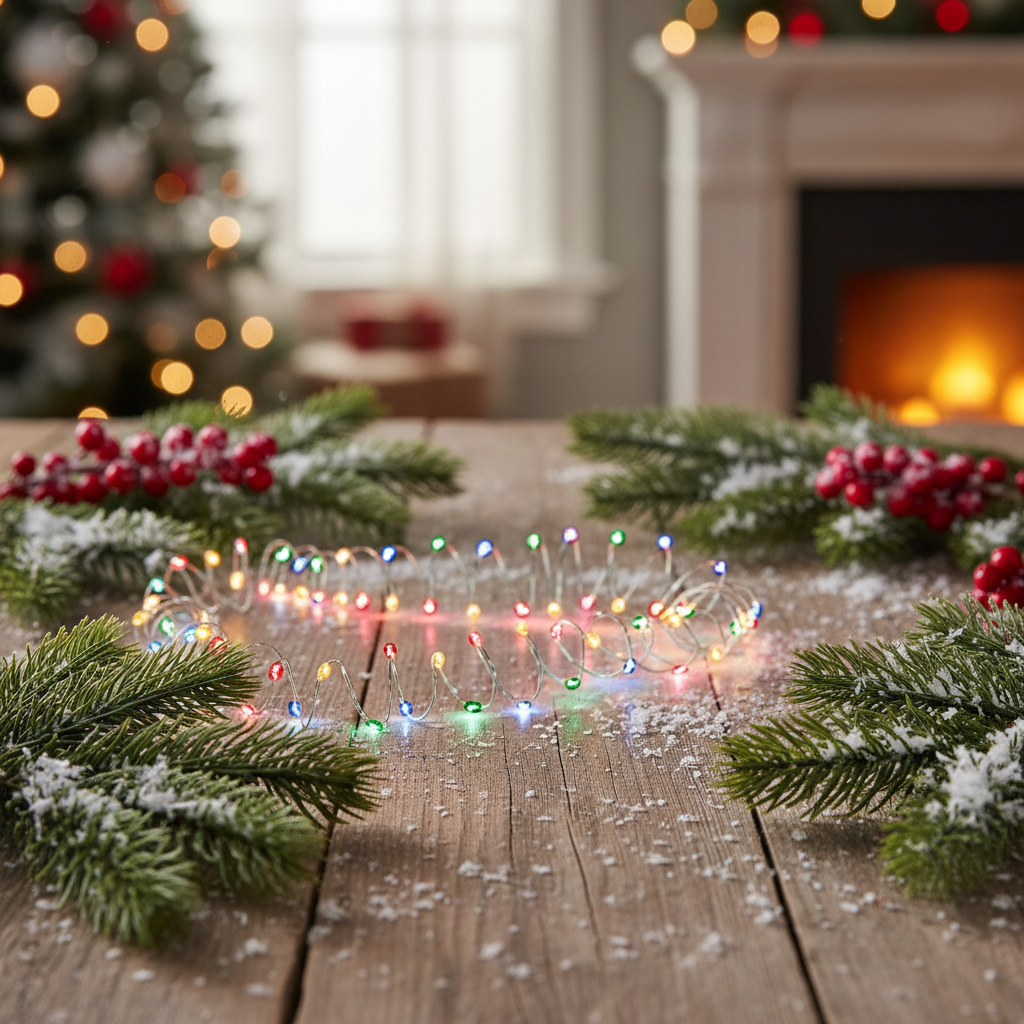 A silver wire with multiple colorful LED microbright lights strung along it, designed for Christmas decoration.