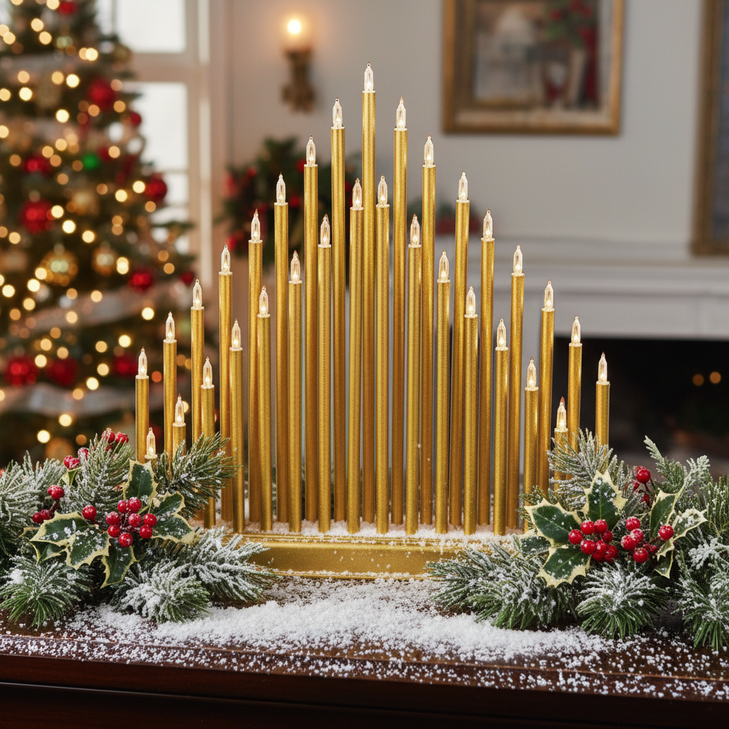 A golden pipe candle bridge with multiple candles, placed on a wooden surface with a festive decoration in the background.