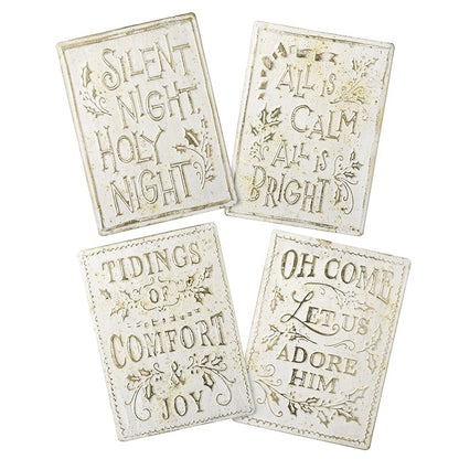 A set of four cream and gold aged effect Christmas signs with different texts, including 'Silent Night', 'All is Calm', 'Tidings of Comfort', and 'Oh Come Let us Adore Him'.