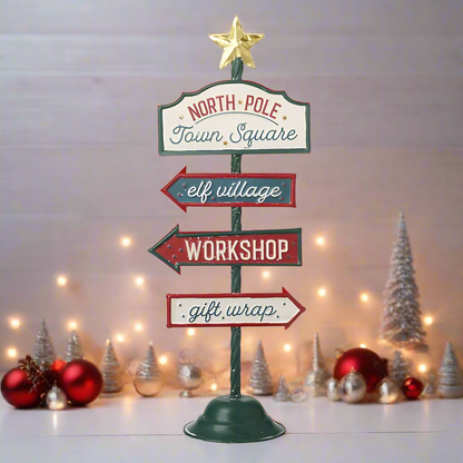 Decorative Christmas sign with arrows pointing to 'North Pole', 'Town Square', 'Elf Village', 'Workshop', and 'Gift Wrap' against a festive background.