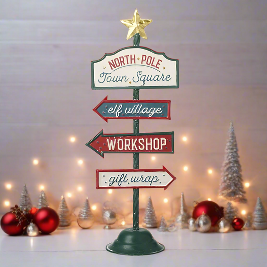 Decorative Christmas sign with arrows pointing to 'North Pole', 'Town Square', 'Elf Village', 'Workshop', and 'Gift Wrap' against a festive background.
