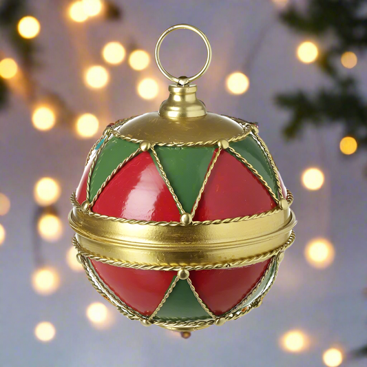 A decorative spherical bauble with a red, green, and gold pattern, featuring a gold metal frame and a loop on top for hanging.