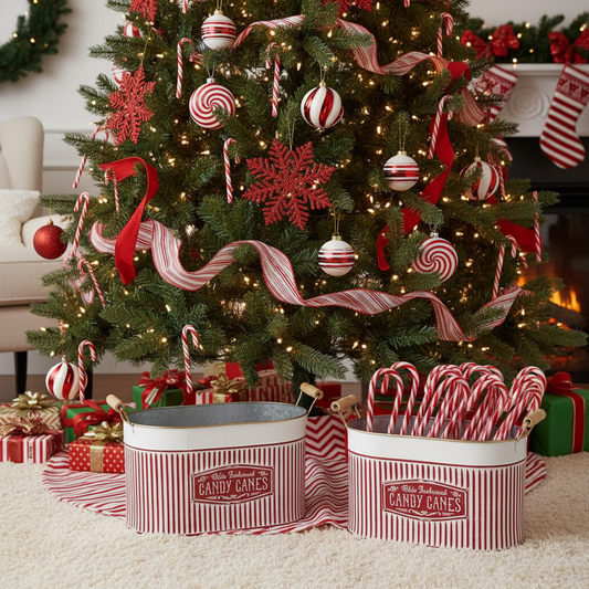 Set of 2 Christmas Candy Cane Metal Display Buckets