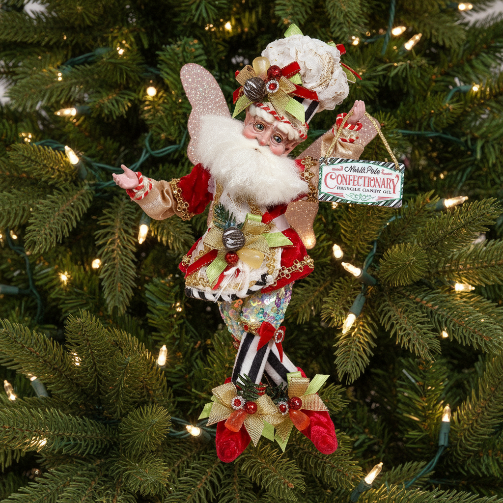 A decorative figure of a Santa fairy with wings, dressed in a festive red and green outfit, holding a sign, and adorned with magical jewels.
