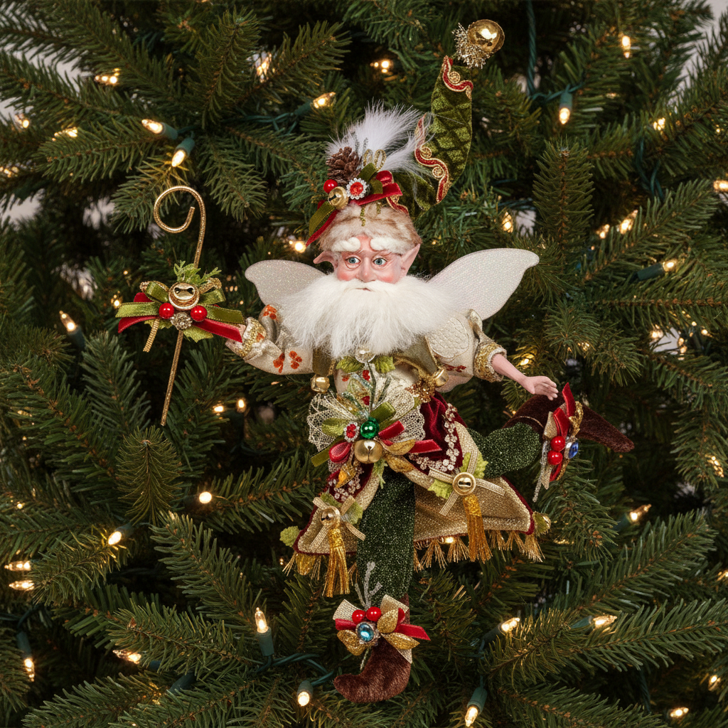 A decorative figure of a Santa fairy with green hat and coat, white beard and red shoes, holding a wand and bell, against a white background.