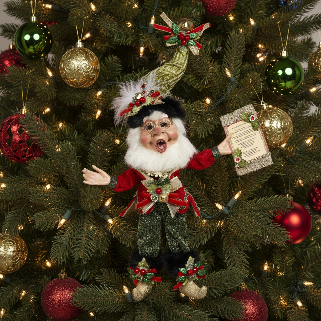 A vintage-style Christmas decoration featuring an elf with a green hat and coat, holding a scroll, and adorned with jewels and bells.