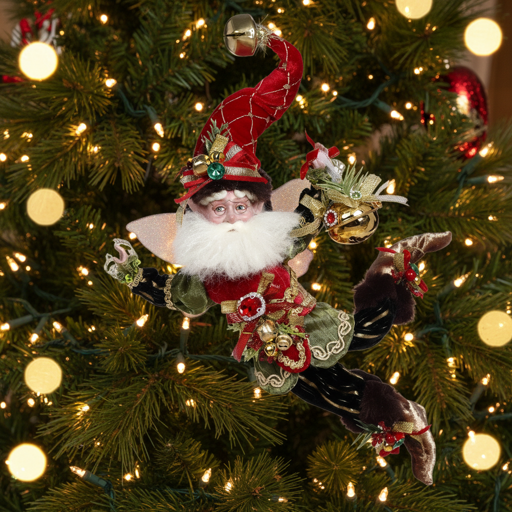 A vintage-style Christmas decoration featuring a Santa Claus impersonator with a red hat and mittens, green coat, and a white beard, surrounded by holiday bells and ornaments.