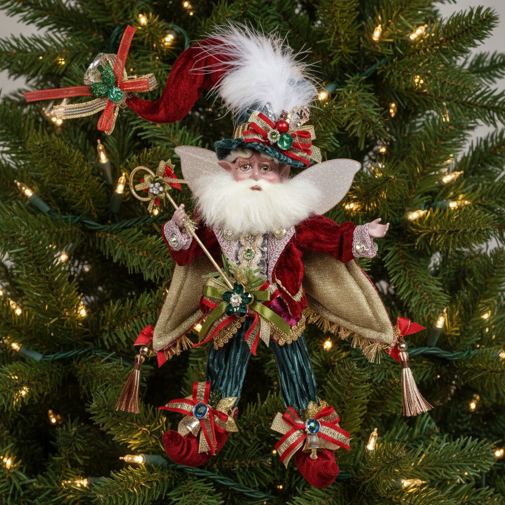A decorative figure of Santa Claus with a fairy-tale theme, adorned with a red jacket, green hat, white beard, and holding a wand and a sack. The figure is also decorated with jewels and bells.