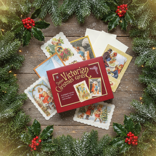 Box of Victorian Christmas cards with illustrations on a white background