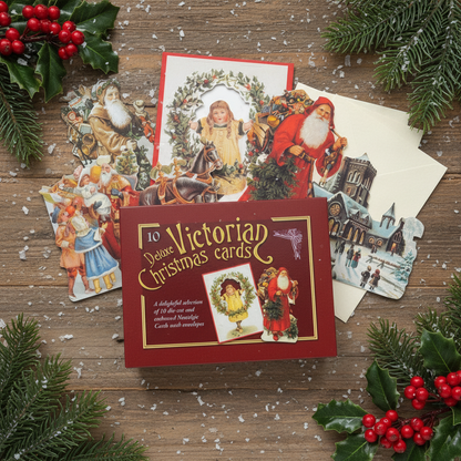 A collection of Victorian-themed Christmas cards with die-cut designs, embossed and displayed in a box, including various festive imagery such as Santa Claus, reindeer, and holiday greetings.