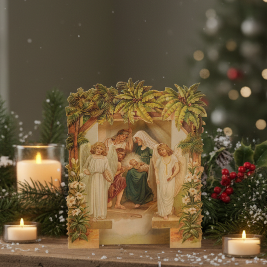 A Christmas card with a Victorian-inspired illustration of the nativity scene, surrounded by palm leaves, suitable for leaving personal messages.