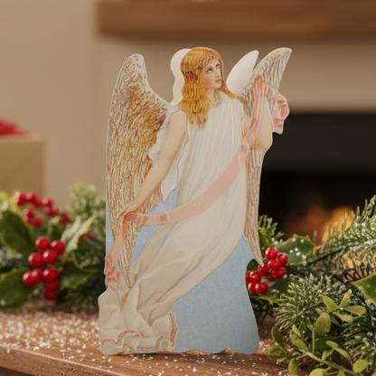 A greeting card featuring a Victorian-inspired illustration of an angel with pink ribbon, embossed and diecut, with an envelope included.