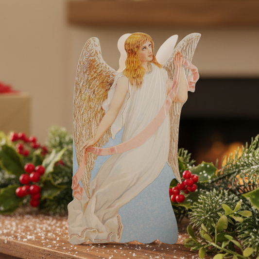 A greeting card featuring a Victorian-inspired illustration of an angel with pink ribbon, embossed and diecut, with an envelope included.