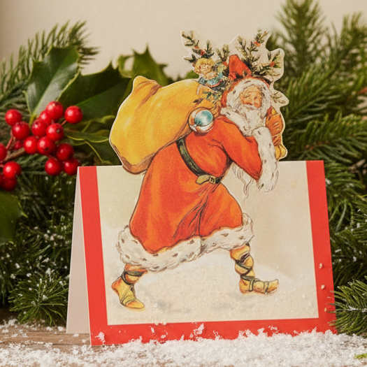 A vintage-style Christmas card featuring an illustration of Santa Claus with a Christmas tree and gifts, on a red background.
