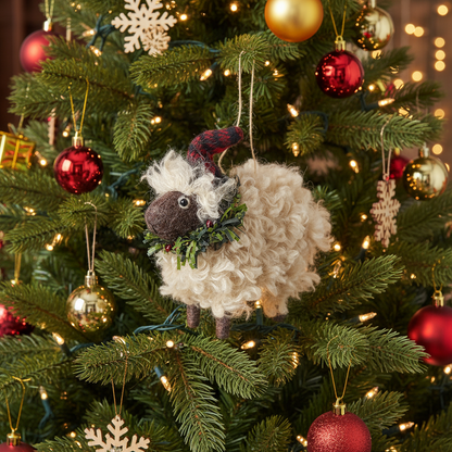 Woolly Sheep with Wreath Hanging Christmas Tree Decoration