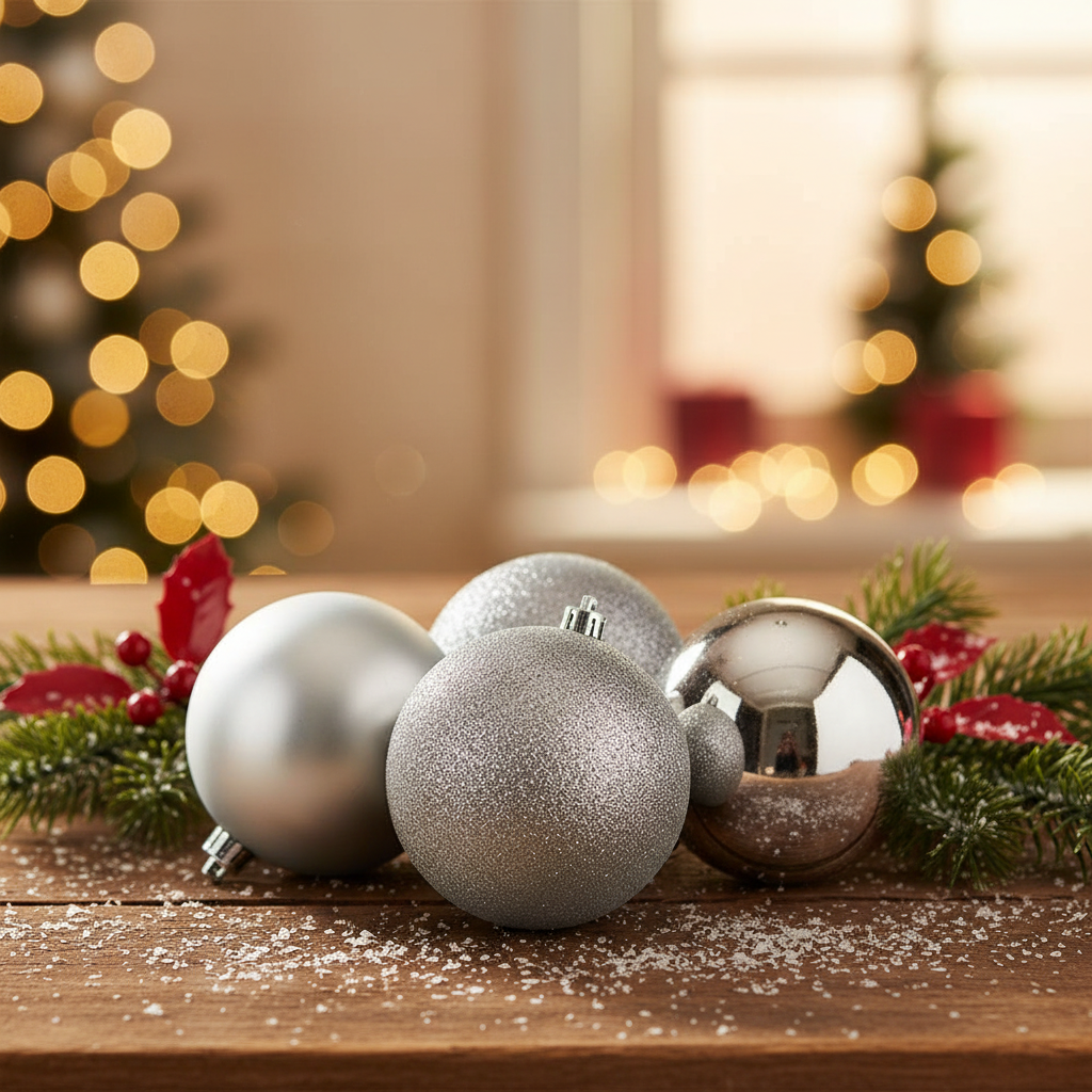Silver Christmas ornaments on a wooden surface with blurred festive background