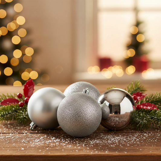 Silver Christmas ornaments on a wooden surface with blurred festive background