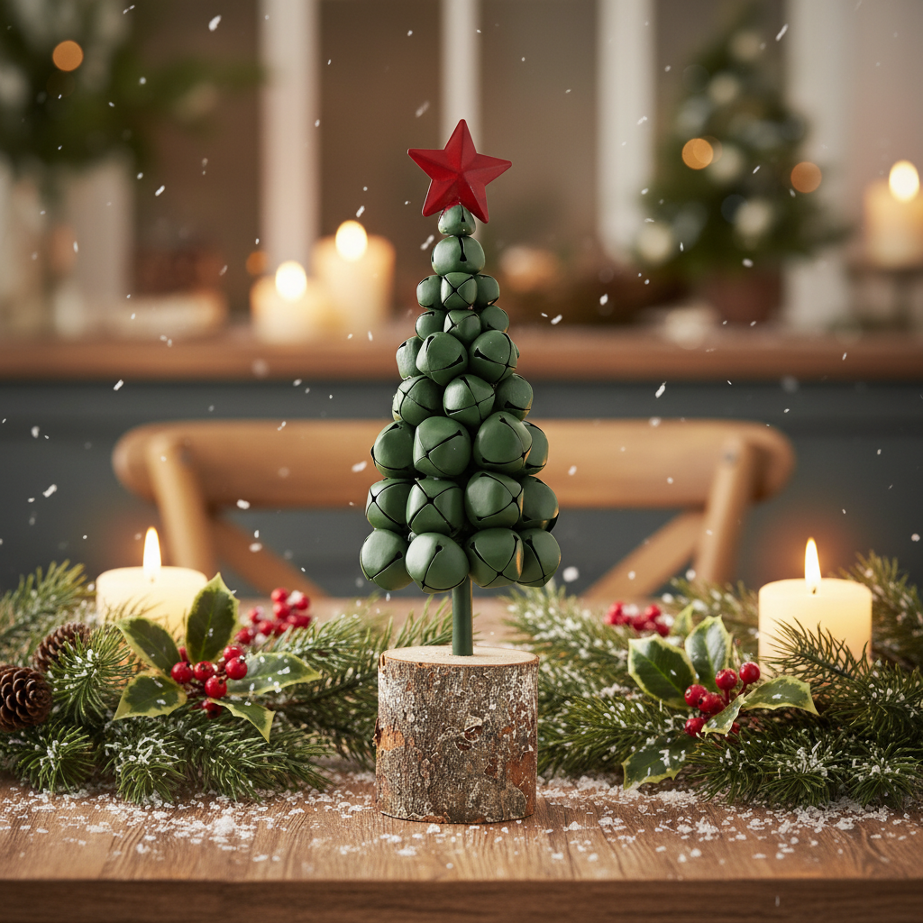 Green Metal Christmas Bells Tree on Wooden Log