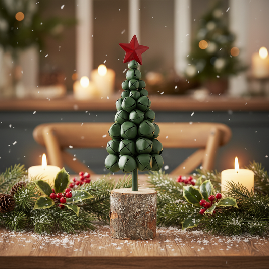Green Metal Christmas Bells Tree on Wooden Log