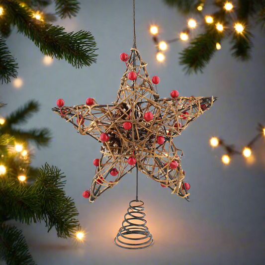 Wicker Star Christmas Tree Topper with Berries