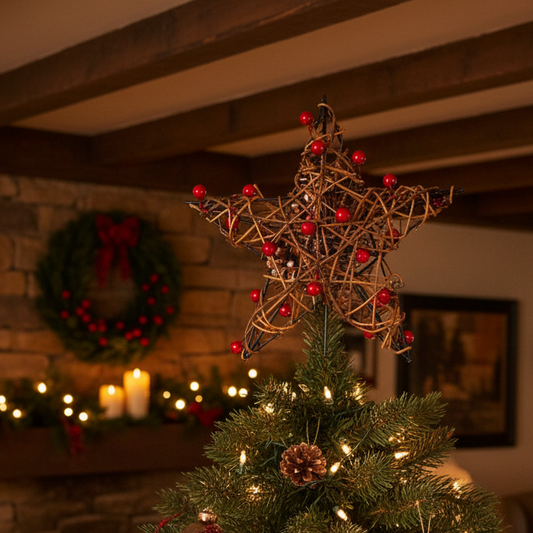 Wicker Star Christmas Tree Topper with Berries