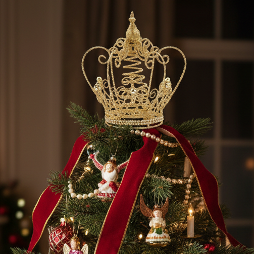 Decorated Christmas tree with red ribbons and ornaments in a warm, indoor setting.