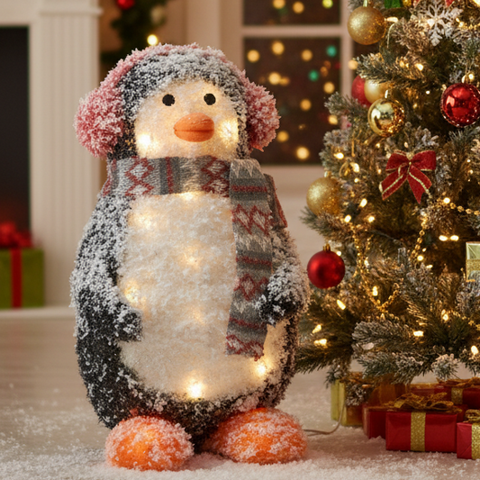 Decorative penguin with lights in front of a Christmas tree and presents.