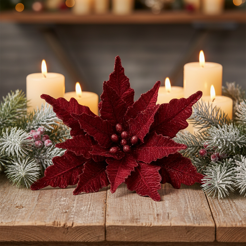 Burgundy Velvet Christmas Poinsettia Stem 68cm