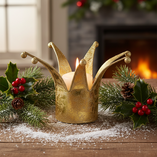 Gold crown-shaped candle holder with a lit candle on a wooden surface with festive decorations and a fireplace in the background.