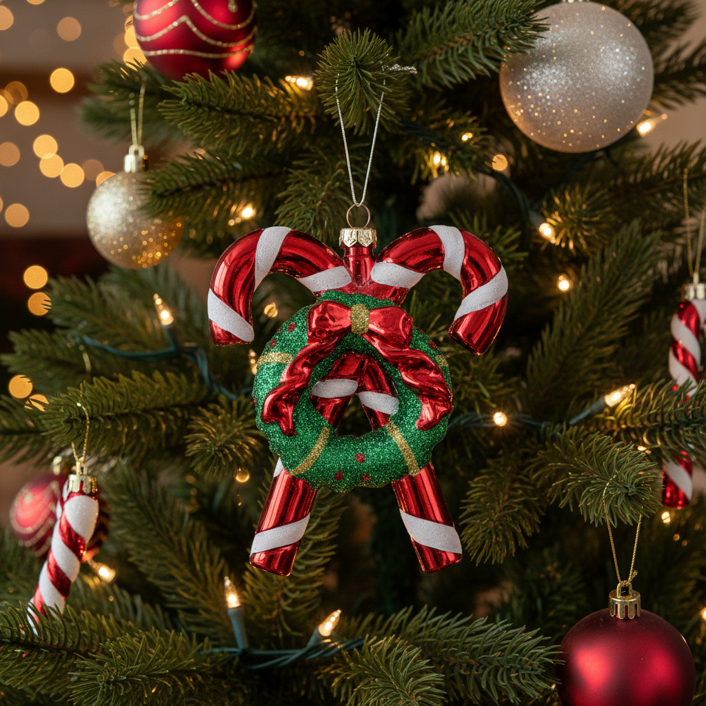Candy Canes with Wreath Hanging Christmas Tree Decoration 12cm