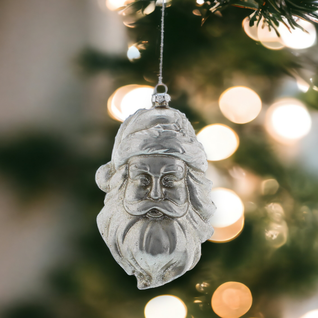 Silver Santa Head 13cm Christmas Hanging Bauble Decoration