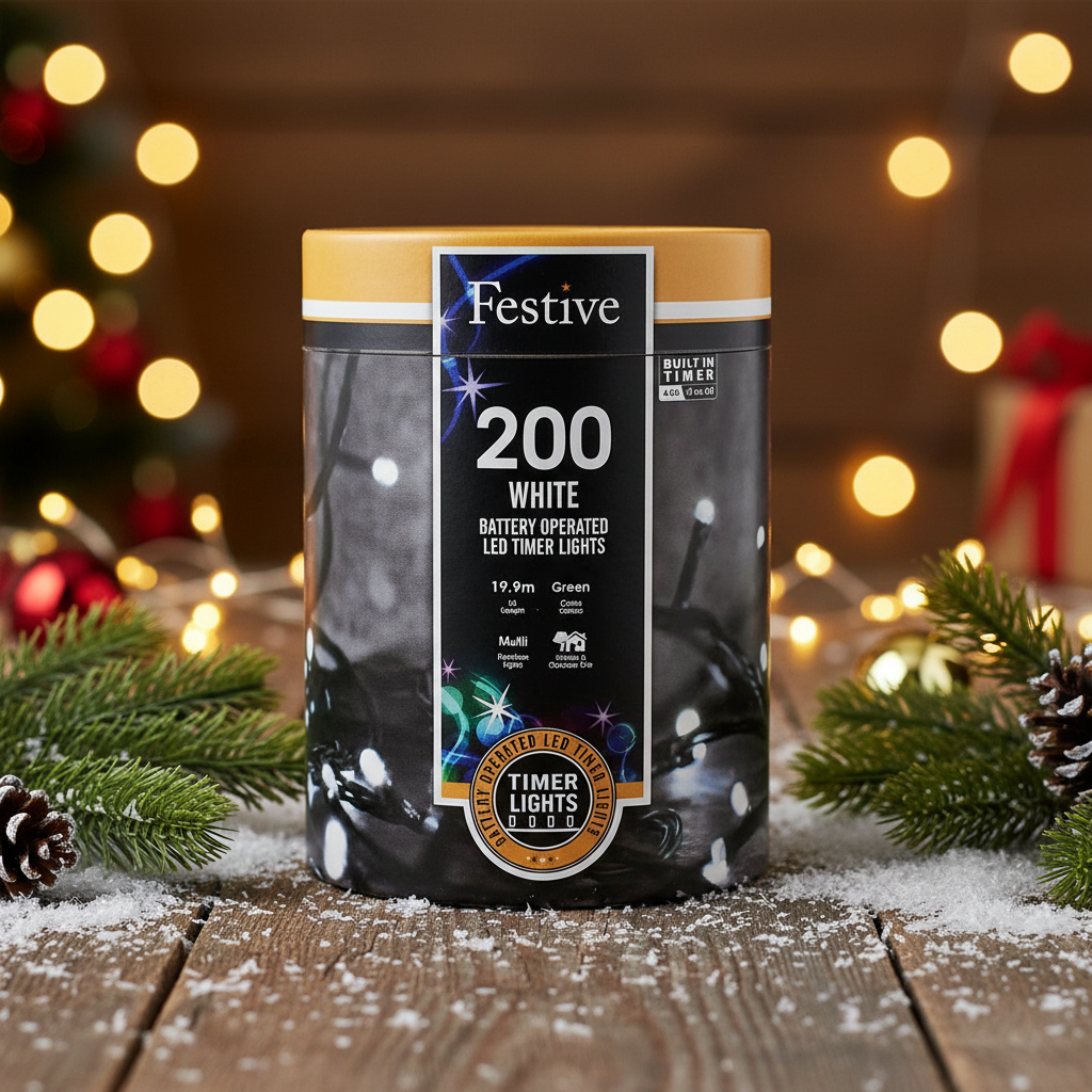 Festive 200 White Battery Operated Christmas String Lights