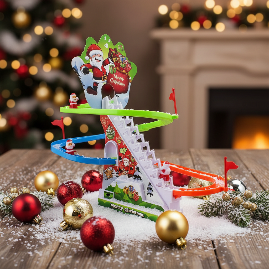 Christmas-themed toy track set on a wooden table with festive decorations.