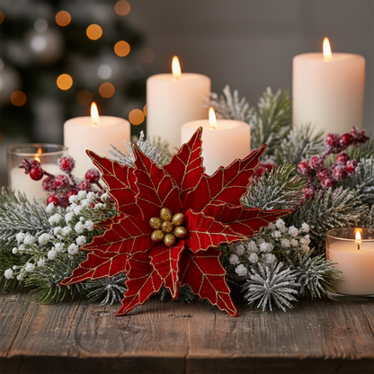 A red velvet artificial poinsettia with glitter stem, 50cm in length.