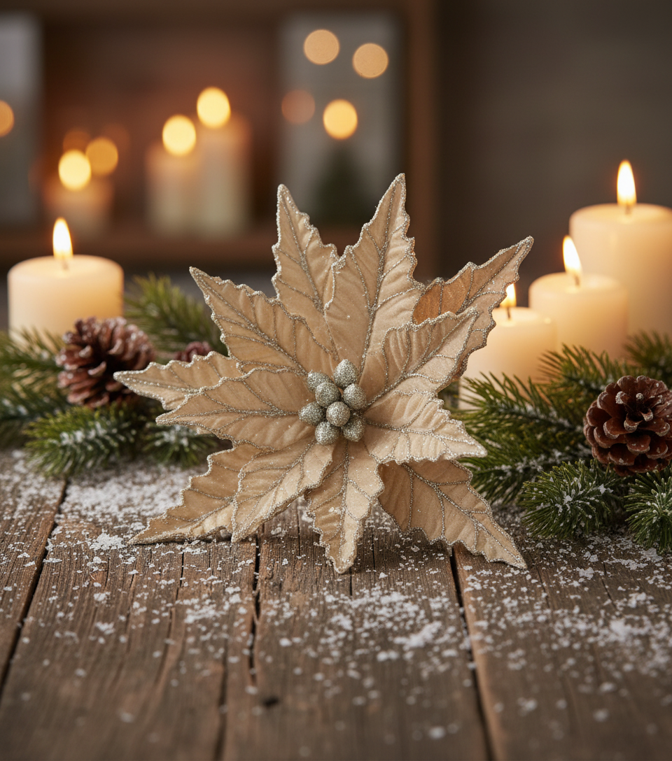 Champagne Velvet Christmas Poinsettia with Glitter Stem 50cm