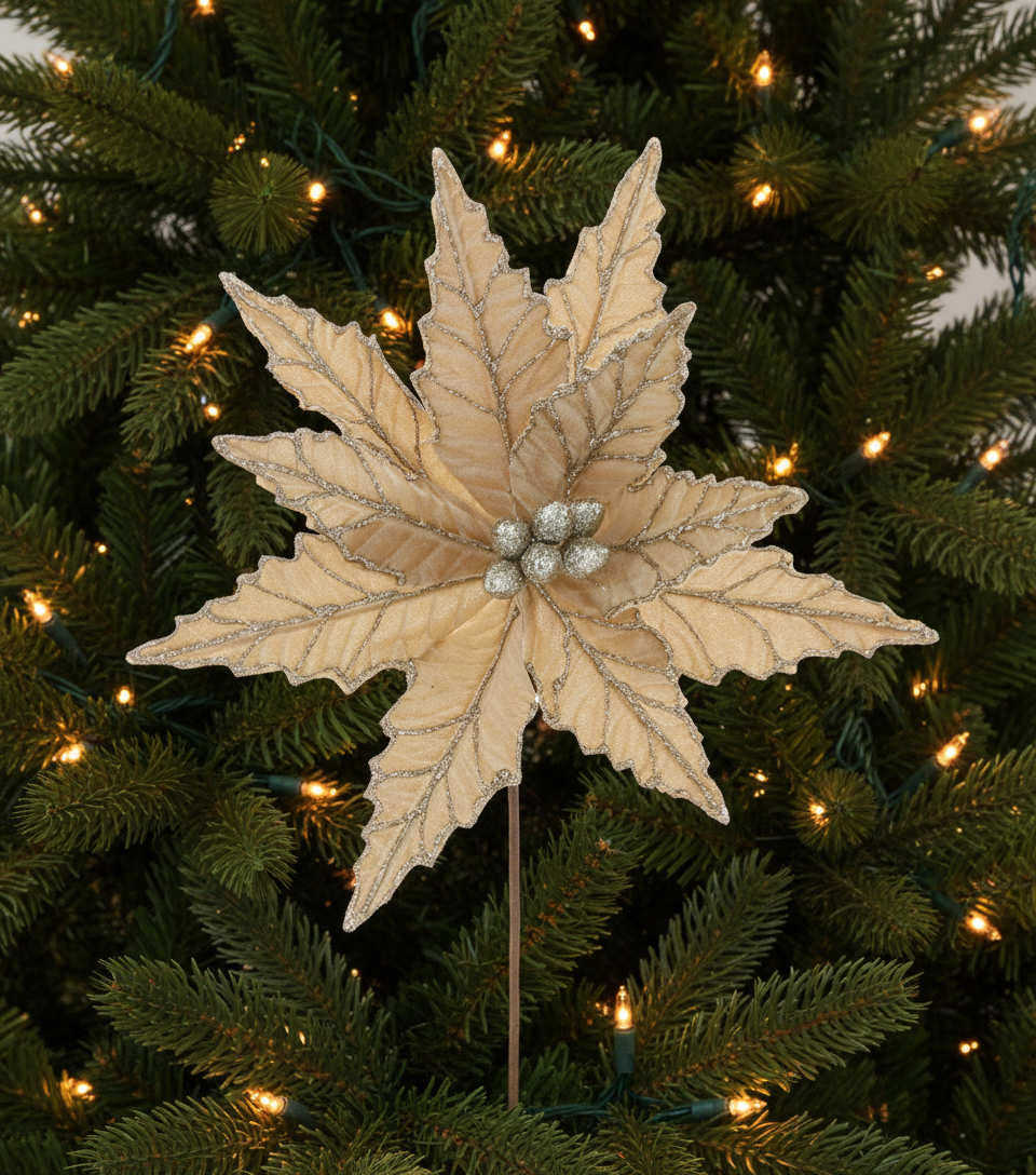 Champagne Velvet Christmas Poinsettia with Glitter Stem 50cm