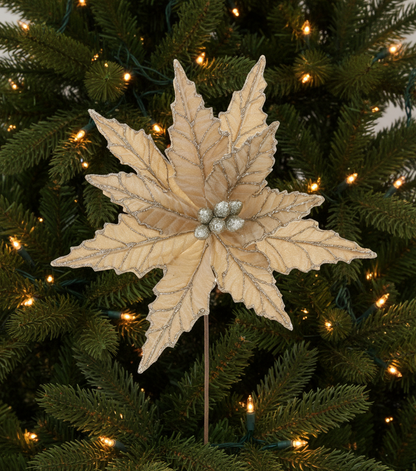 Champagne Velvet Christmas Poinsettia with Glitter Stem 50cm