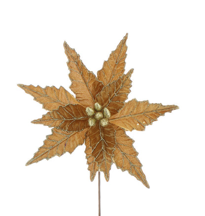 Gold Velvet Christmas Poinsettia with Glitter Stem 50cm