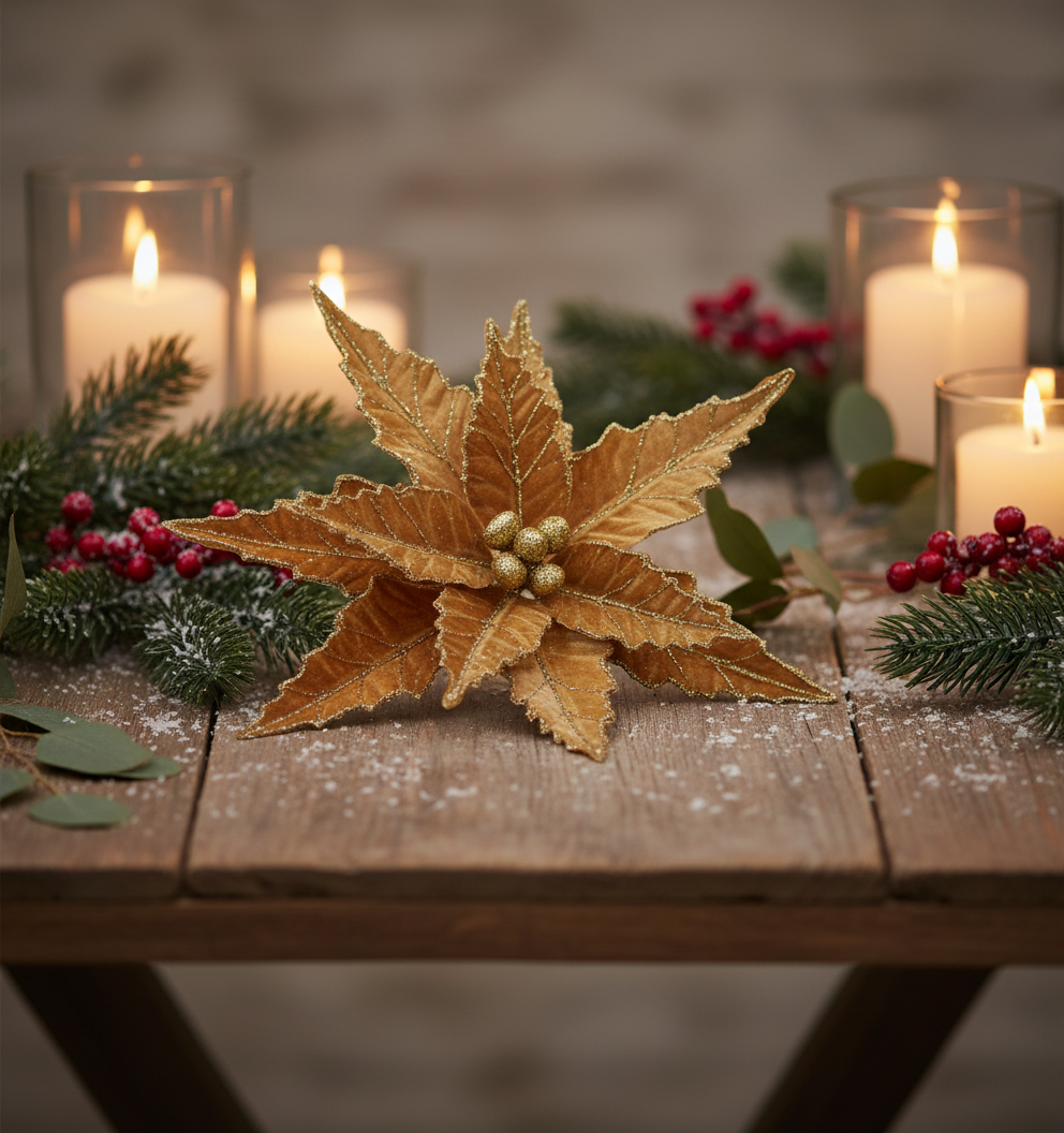 Gold Velvet Christmas Poinsettia with Glitter Stem 50cm