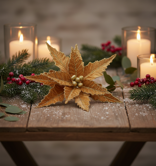 Gold Velvet Christmas Poinsettia with Glitter Stem 50cm