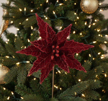 Burgundy Velvet Christmas Poinsettia with Glitter Stem 50cm