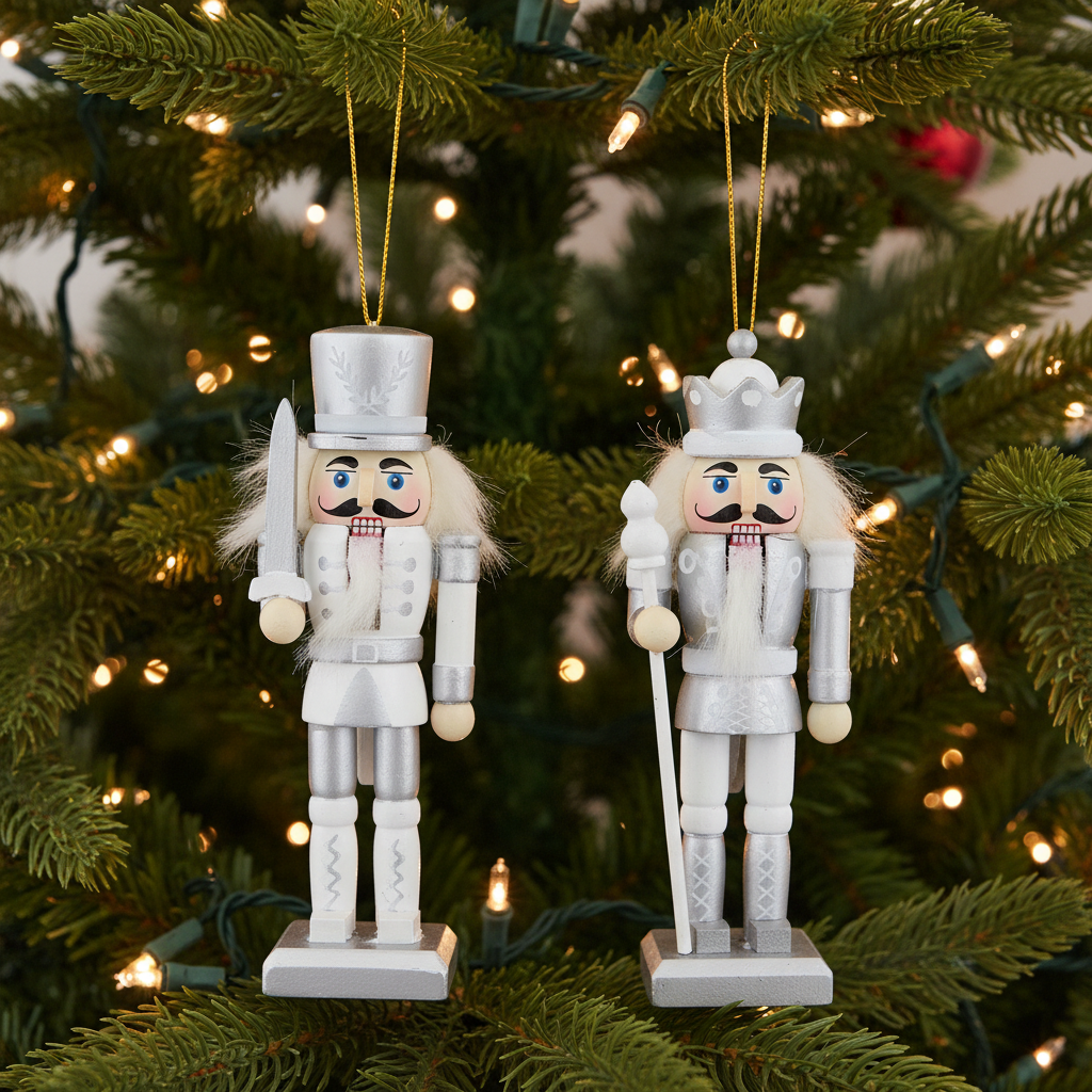 White & Silver Nutcracker 12cm Hanging Christmas Decoration Set