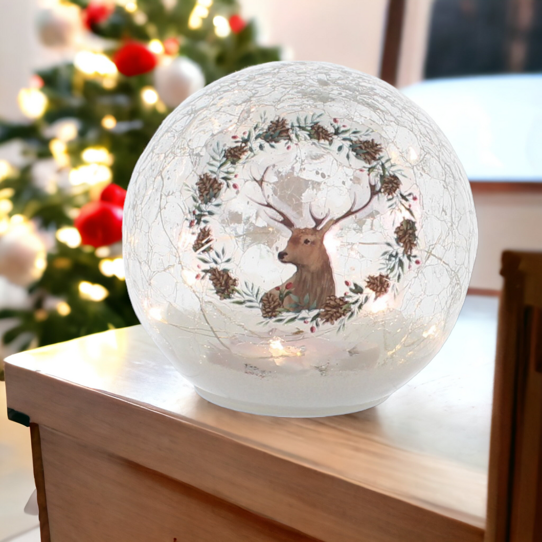 Crackle Effect Lit 15cm Ball with Reindeer Head Print Battery Operated