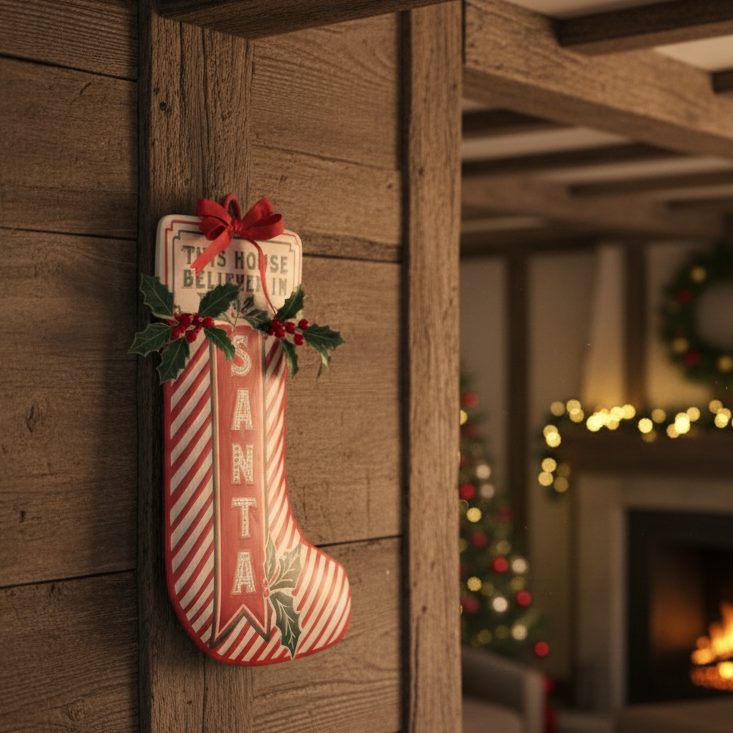 Vintage Style Red and White Stocking Shape Christmas Sign 39cm