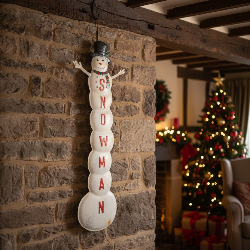 White Snowman Vintage Style Christmas Sign